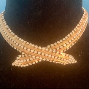 Vintage Gold Tone Mesh Choker Milky Rhinestones Necklace Stunning